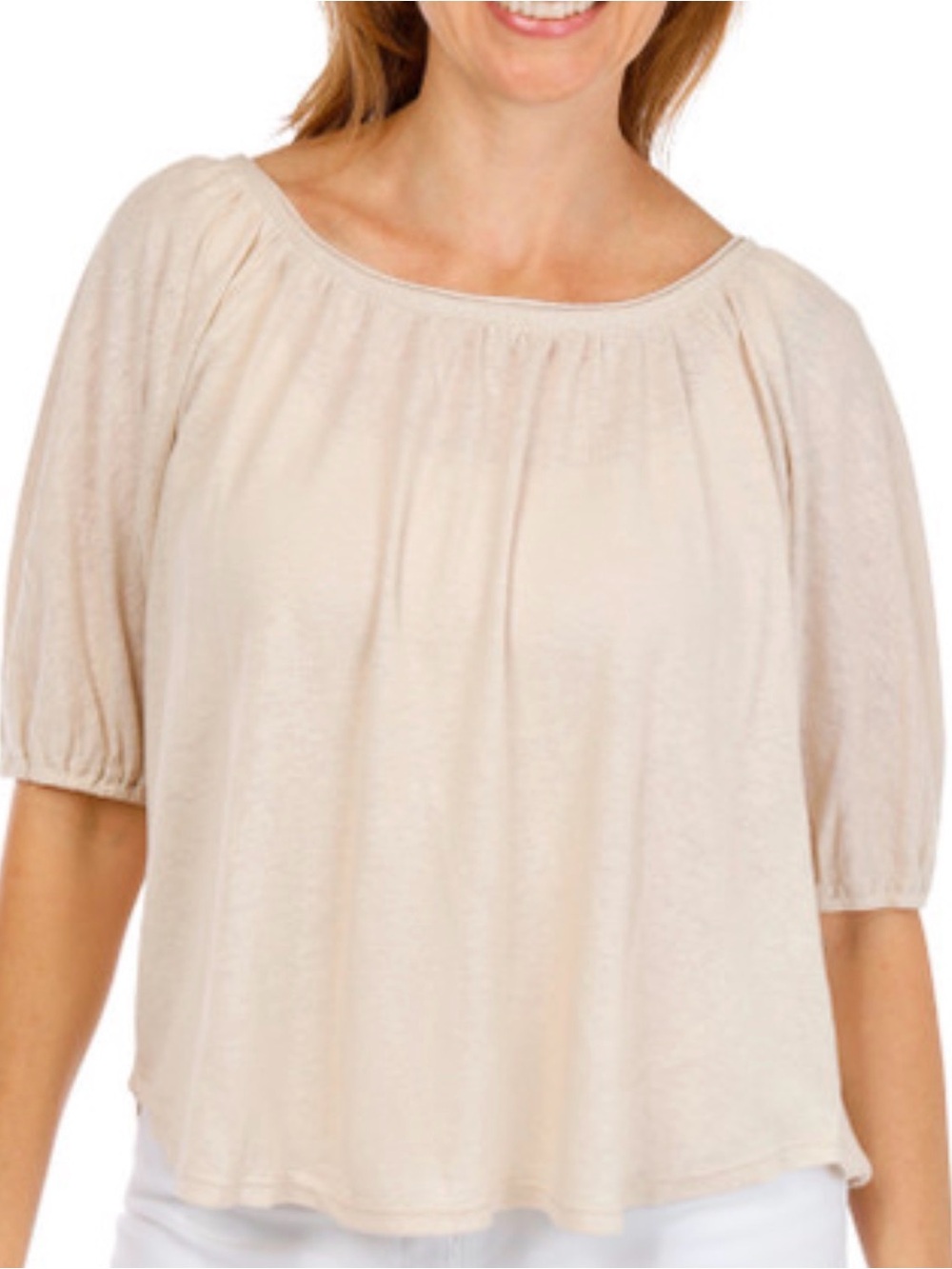 Max Studio NWT Cream Textured Puff Sleeve Peasant Top Size Small